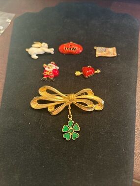 Gold Bow Brooch with Green Clover Dangle and 5 other charms- Classic Women’s Pin